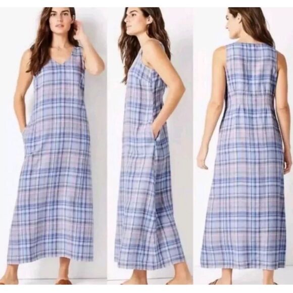J. Jill love linen maxi dress plaid blue resortwear beach coastal casual women L - Picture 3 of 9
